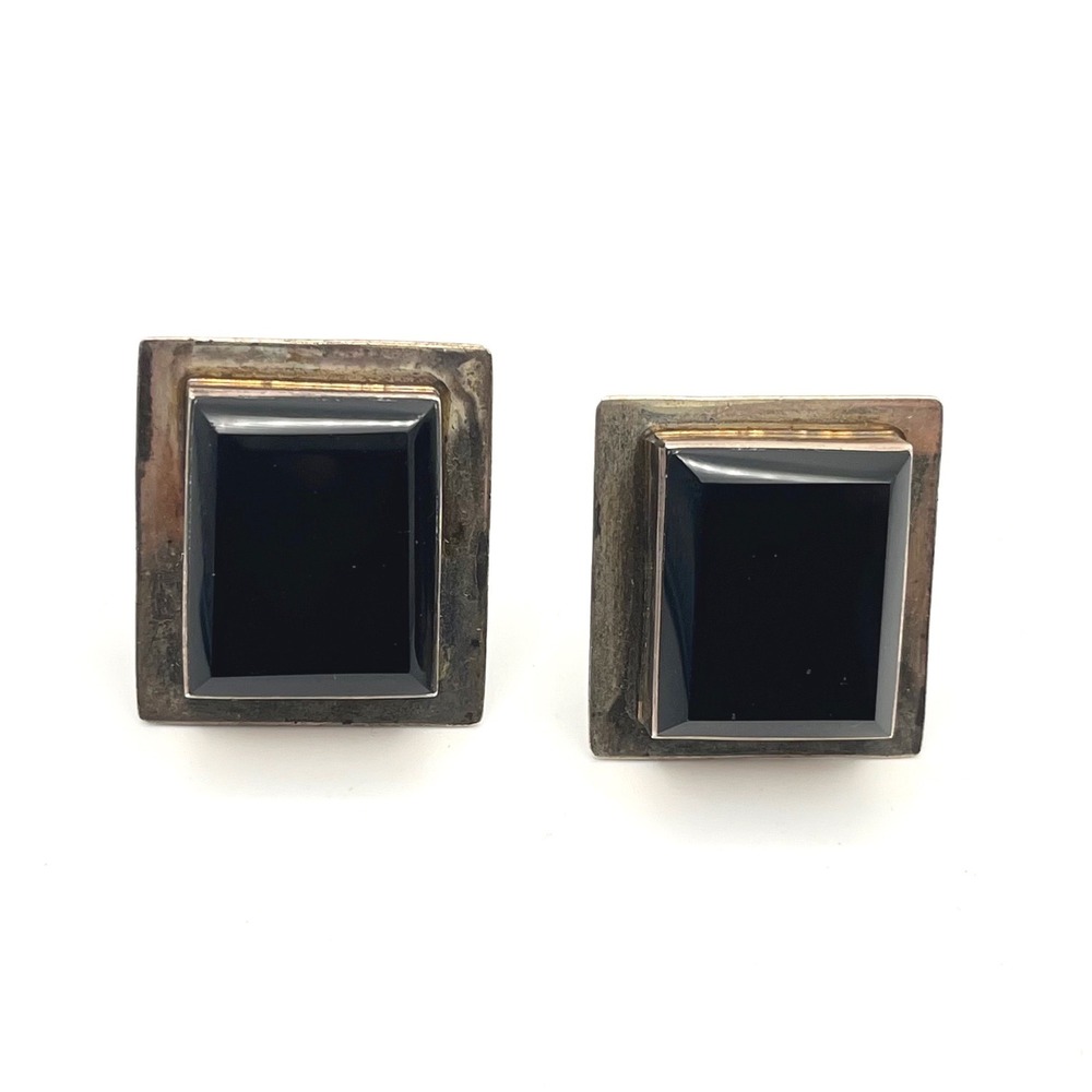 Vintage Taxco Mexico 925‎ Sterling Silver Black Onyx Square Clip On Earrings 34g